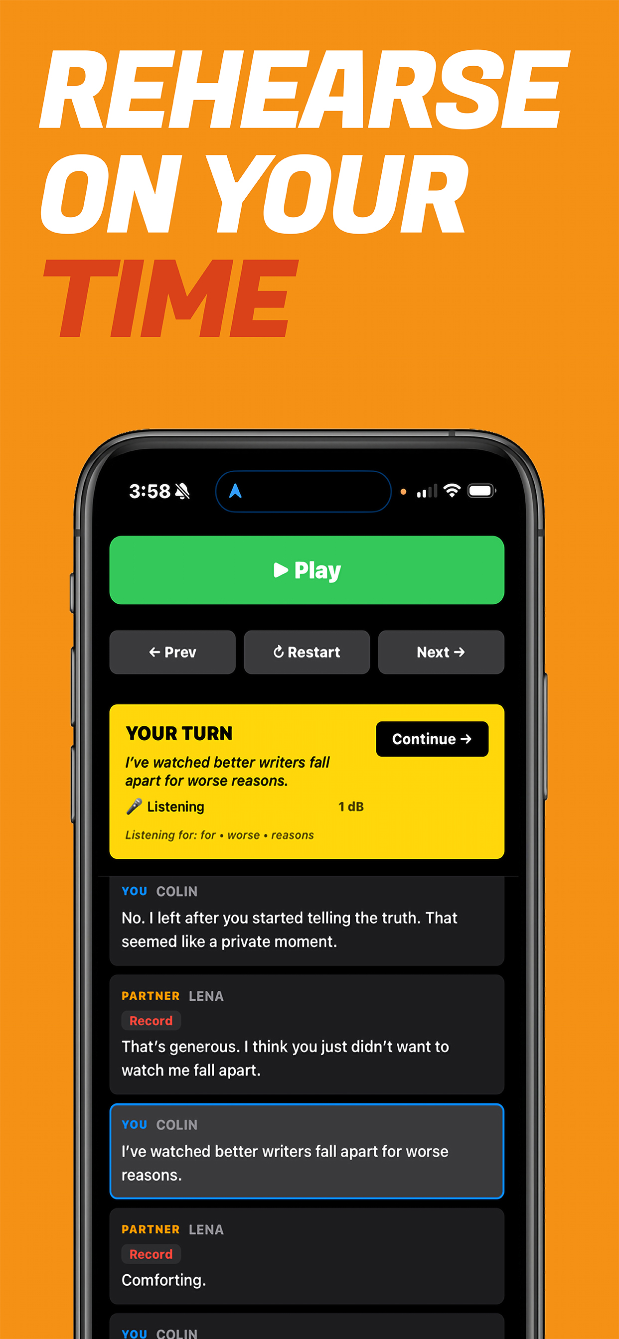 OffBook Studio app screen — rehearse with cues
