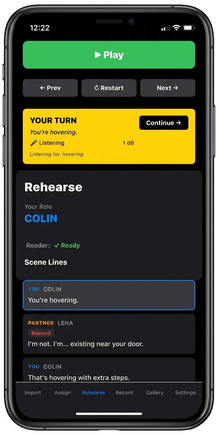 OffBook Studio rehearse screen — scene loaded, armed and listening